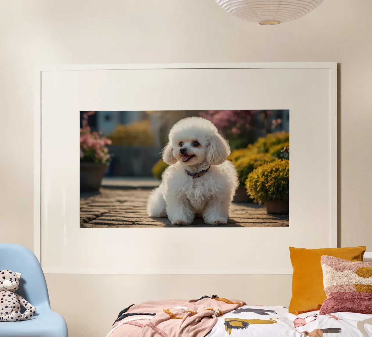 Un petit chien pelucheux au pelage marron clair et au collier rose poster avec cadre en bois de DesignDoodle