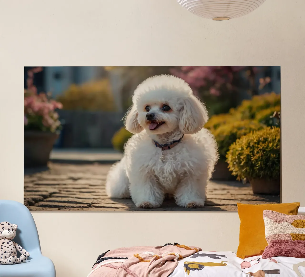 Un cane piccolo e soffice con un manto marrone chiaro e un collare rosa. carta hahnemühle da DesignDoodle