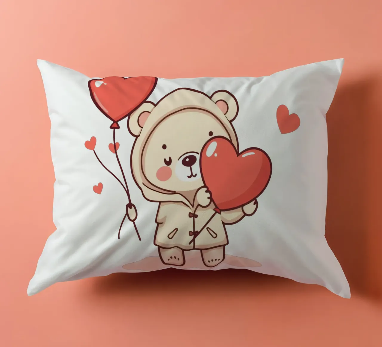 Simpatico orso che tiene in mano un cuore e dei palloncini cuscino da DesignDoodle
