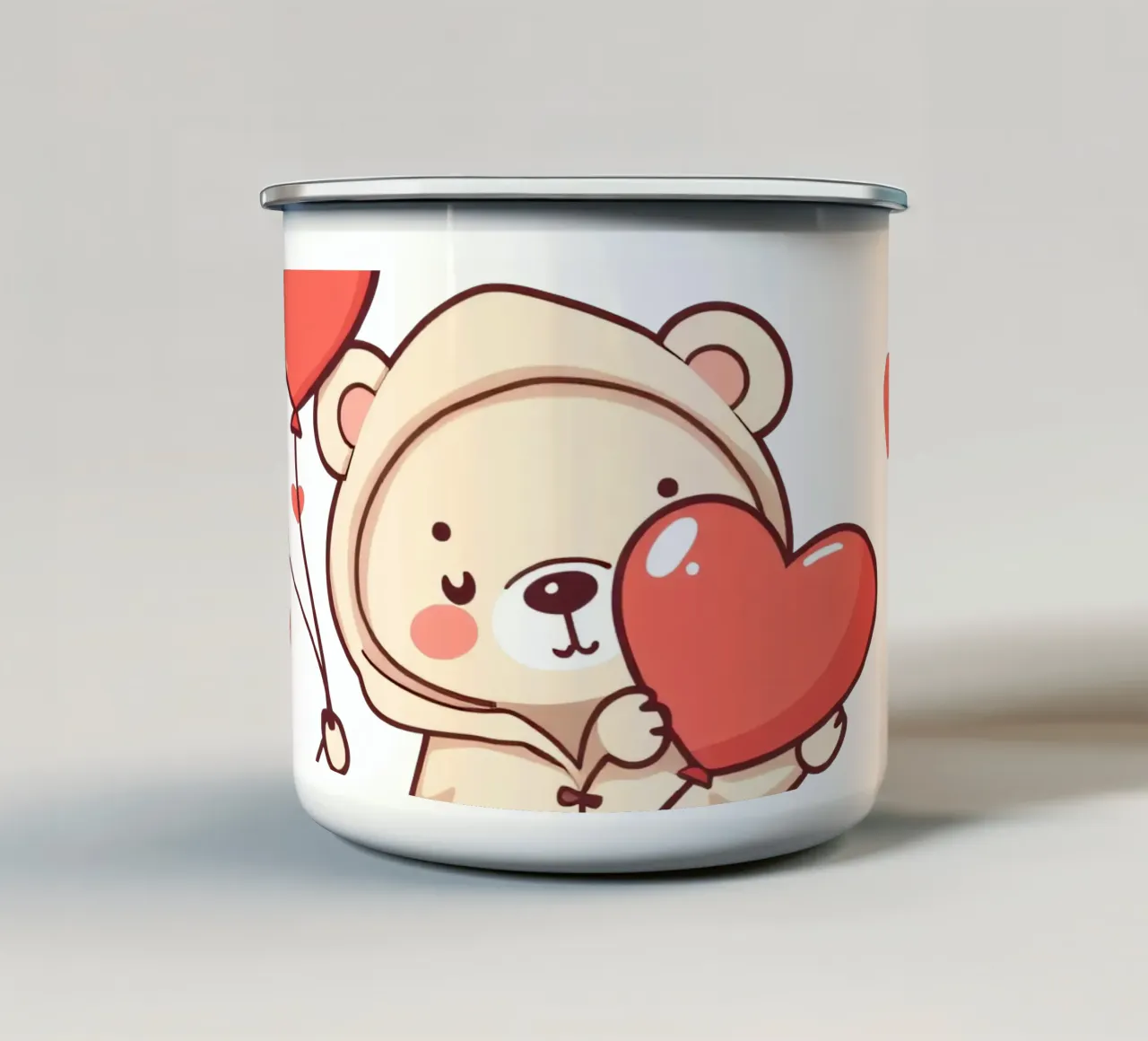 Simpatico orso che tiene in mano un cuore e dei palloncini tazza in smalto da DesignDoodle