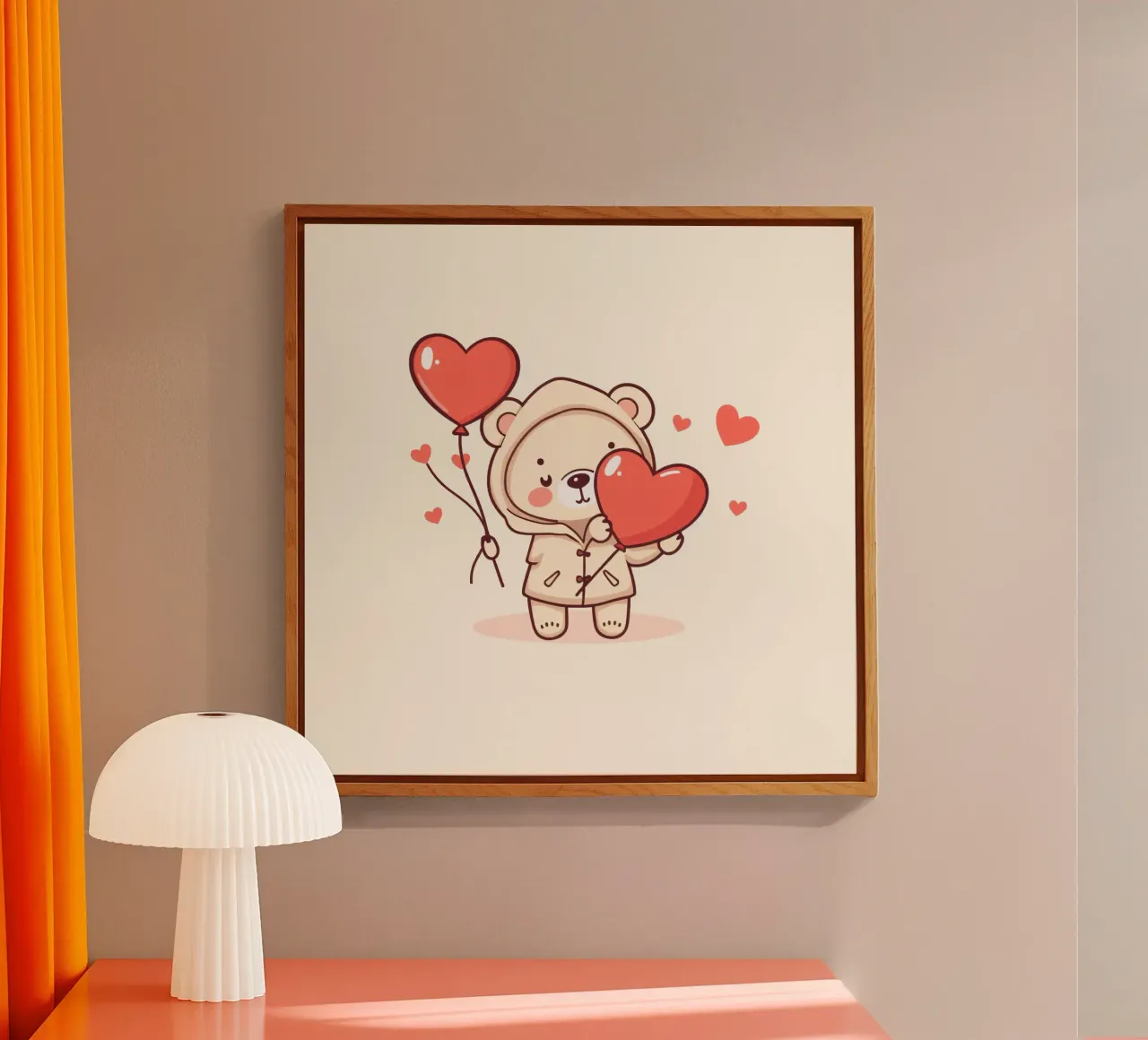 Simpatico orso che tiene in mano un cuore e dei palloncini plexiglass da DesignDoodle