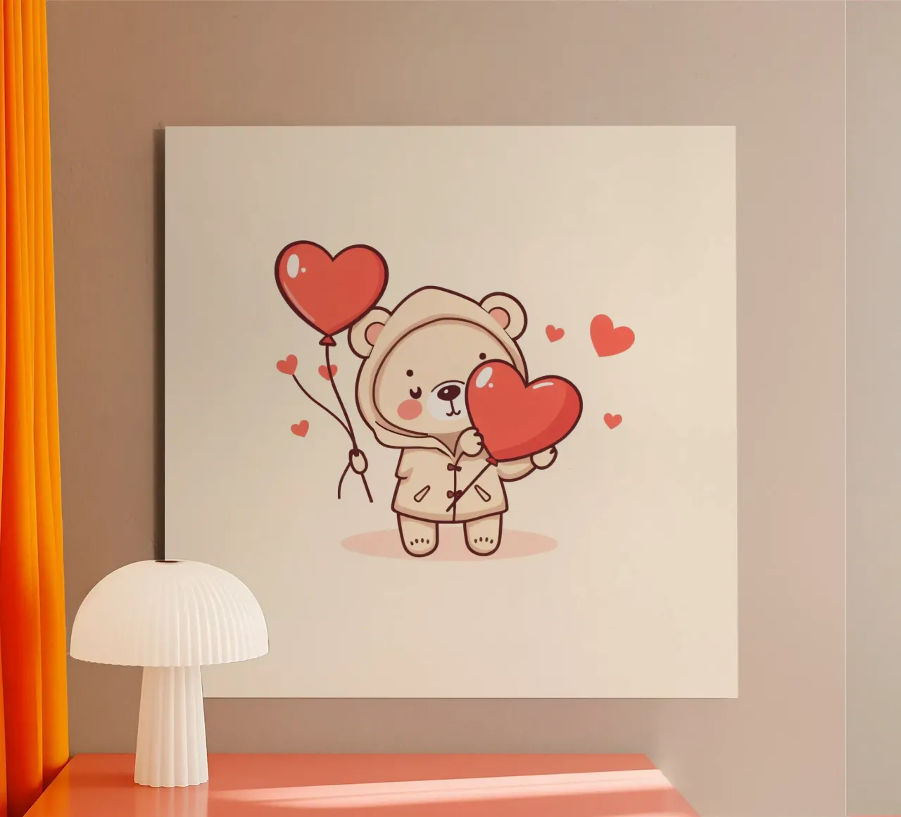 Simpatico orso che tiene in mano un cuore e dei palloncini alluminio dibond da DesignDoodle
