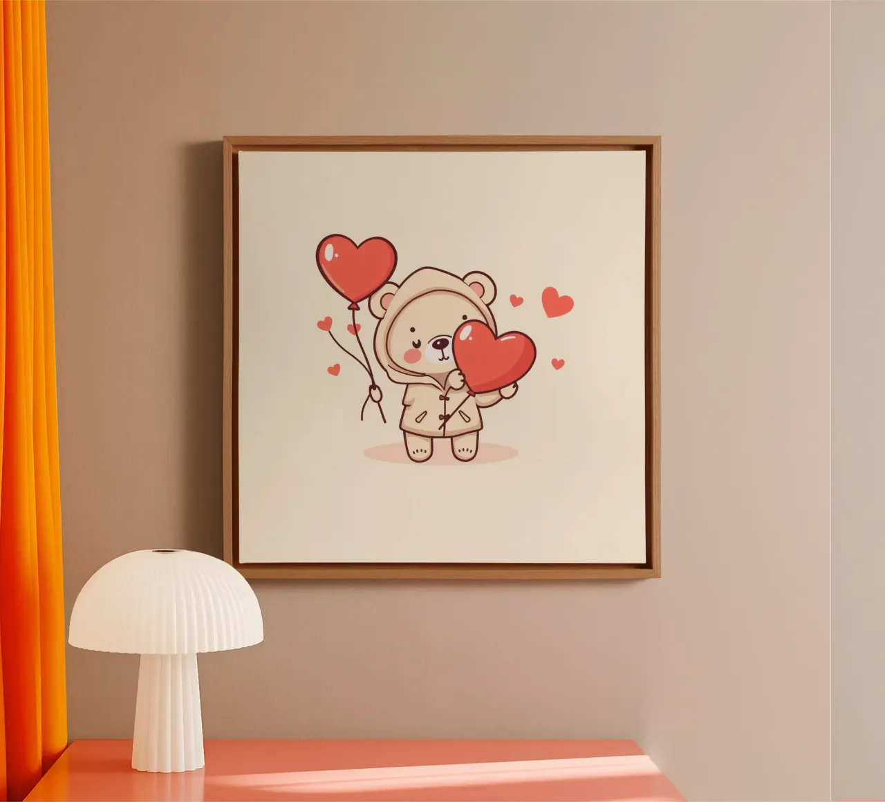 Simpatico orso che tiene in mano un cuore e dei palloncini tela con Cornice a cassetta da DesignDoodle