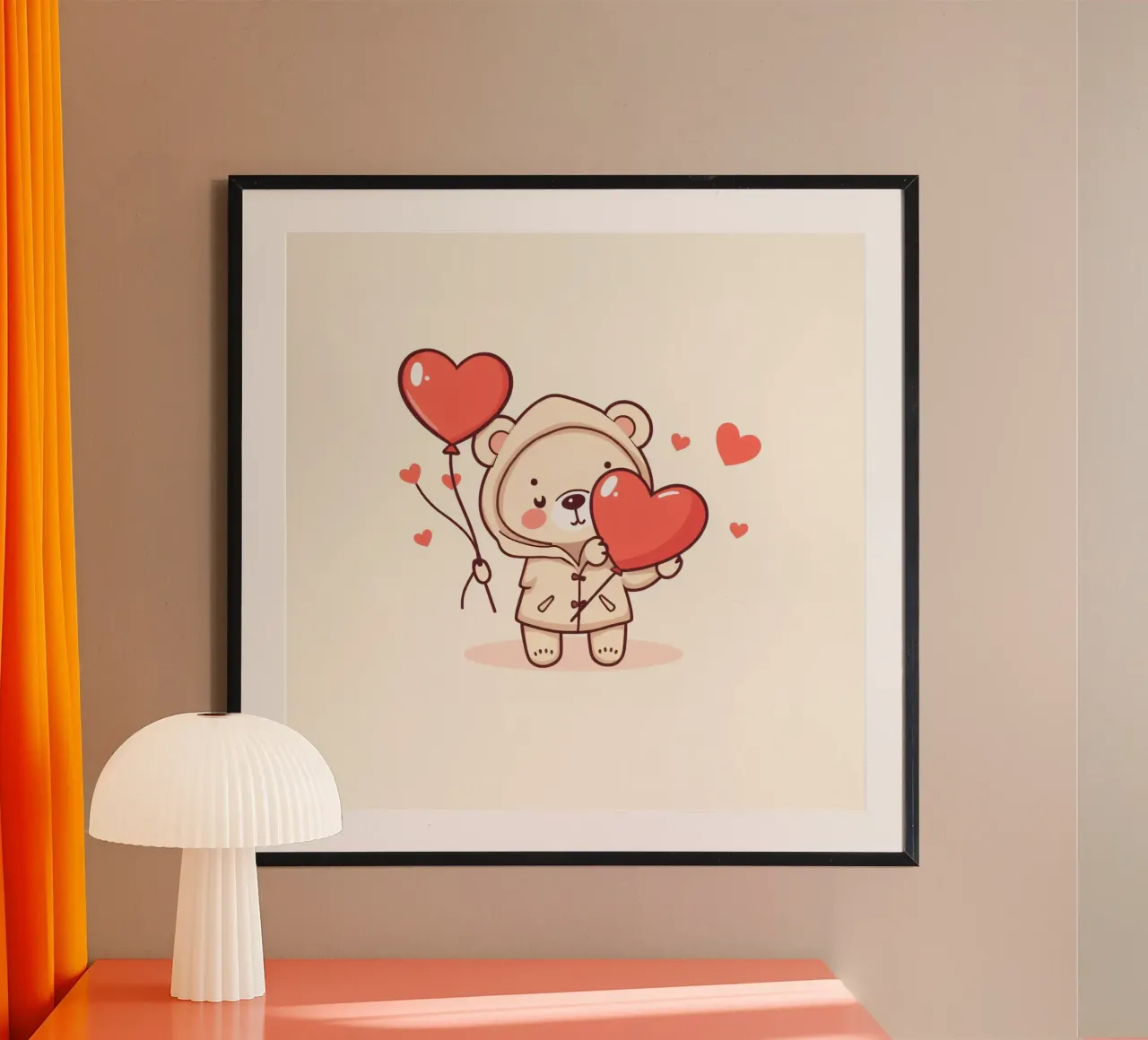 Simpatico orso che tiene in mano un cuore e dei palloncini poster con telaio in alluminio da DesignDoodle