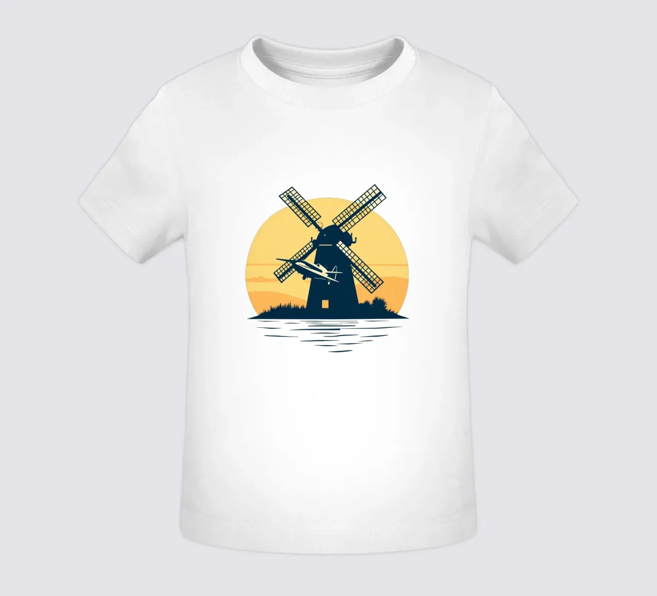 La silhouette di un mulino a vento al tramonto con un aereo in volo maglietta neonato da DesignDoodle