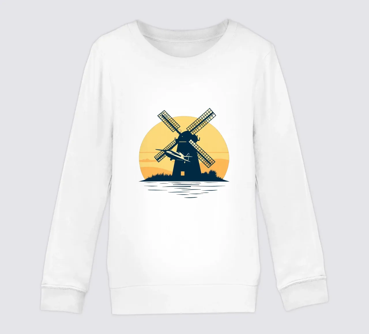 La silhouette di un mulino a vento al tramonto con un aereo in volo felpa bambino da DesignDoodle