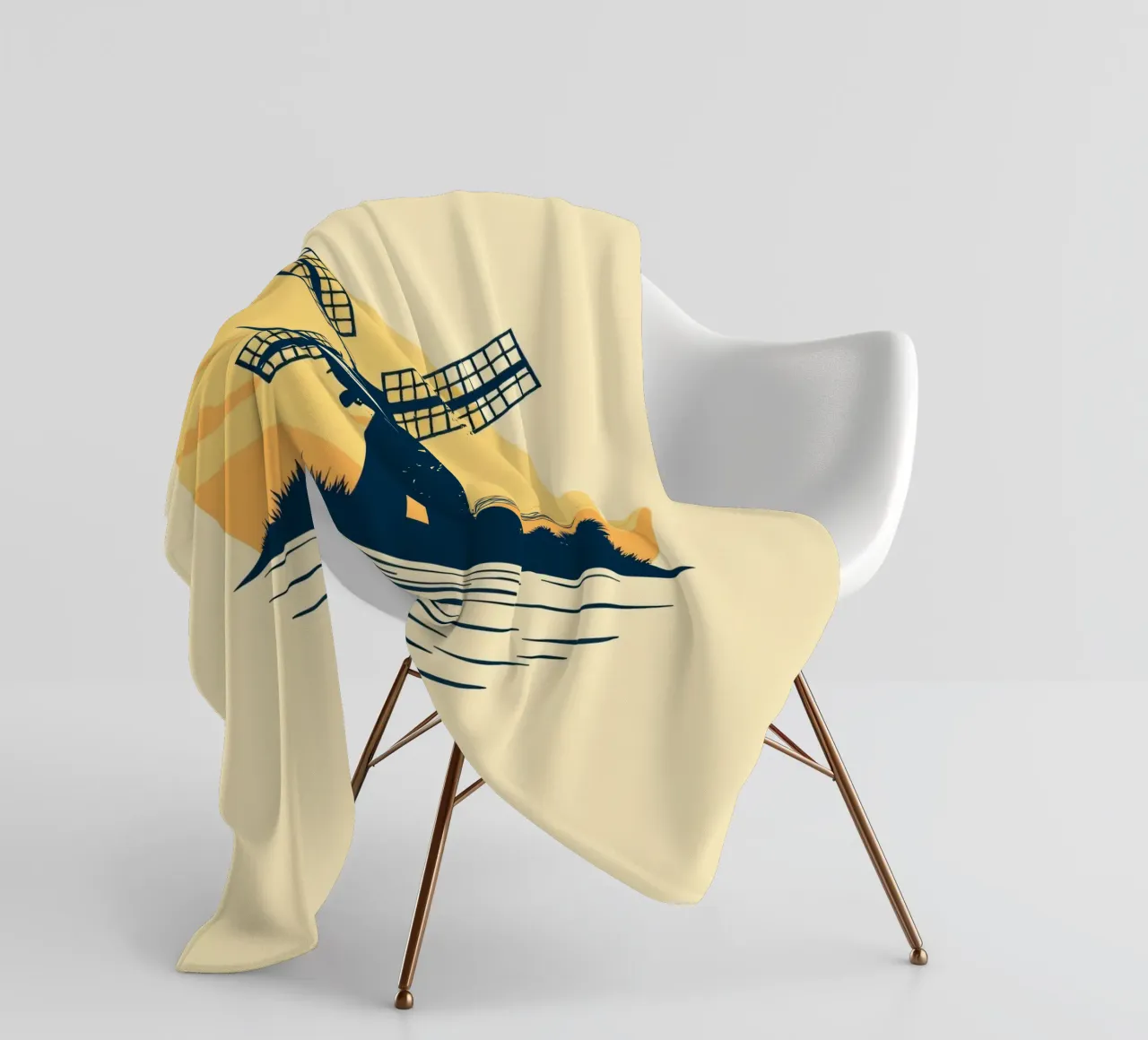 La silhouette di un mulino a vento al tramonto con un aereo in volo coperta in pile da DesignDoodle
