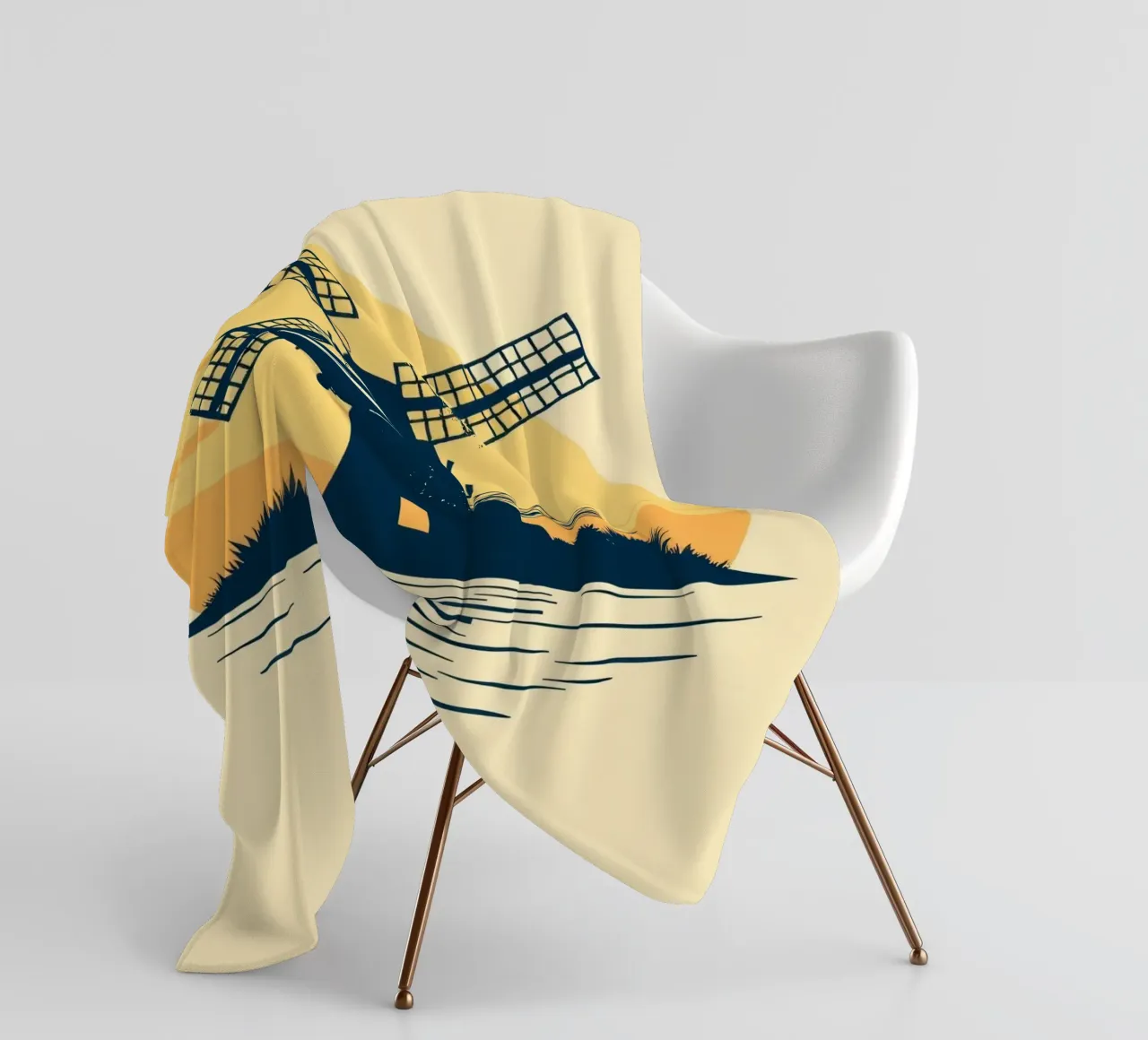 La silhouette di un mulino a vento al tramonto con un aereo in volo coperta in pile da DesignDoodle
