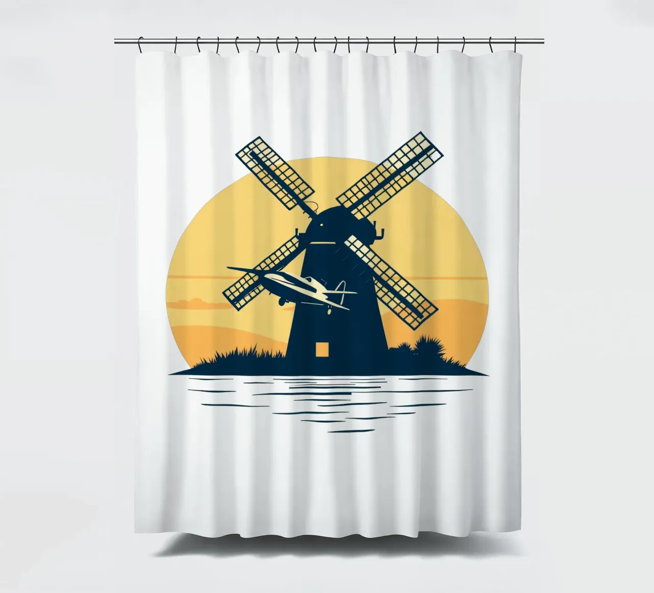 A silhouette of a windmill at sunset with an airplane flying shower curtain by DesignDoodle