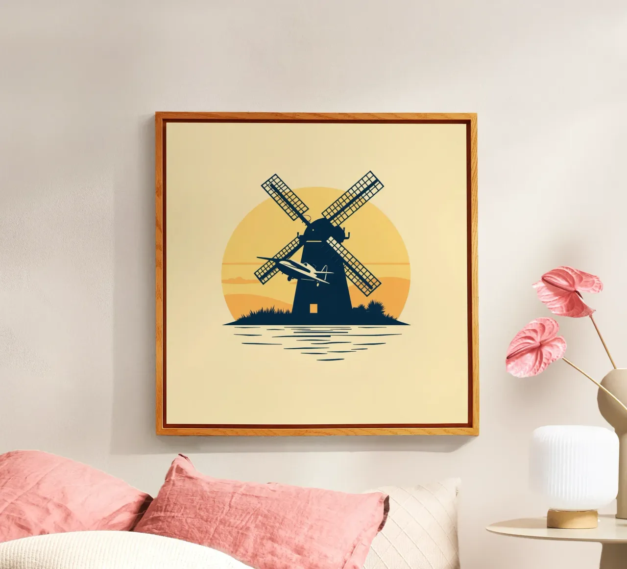 La silhouette di un mulino a vento al tramonto con un aereo in volo plexiglass da DesignDoodle