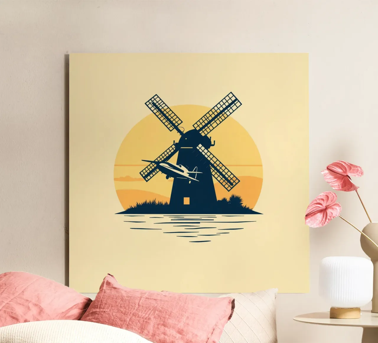 La silhouette di un mulino a vento al tramonto con un aereo in volo alluminio dibond da DesignDoodle