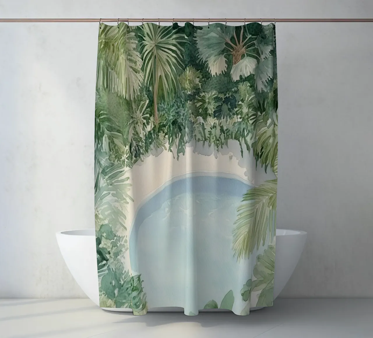 Tropical Watercolor Oasis shower curtain by Melloi Art Print
