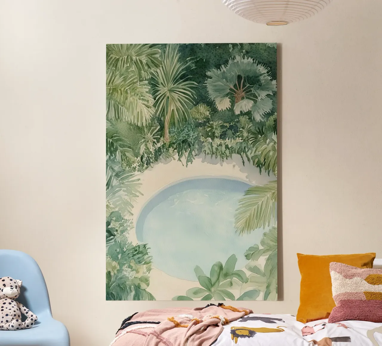 Tropical Watercolor Oasis canvas with Floater frame by Melloi Art Print