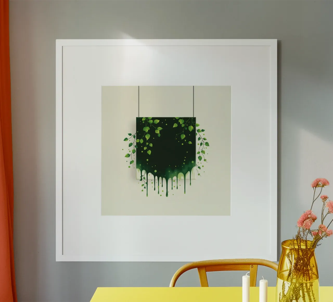 A green abstract art piece with dripping paint poster with plastic frame by DesignDoodle