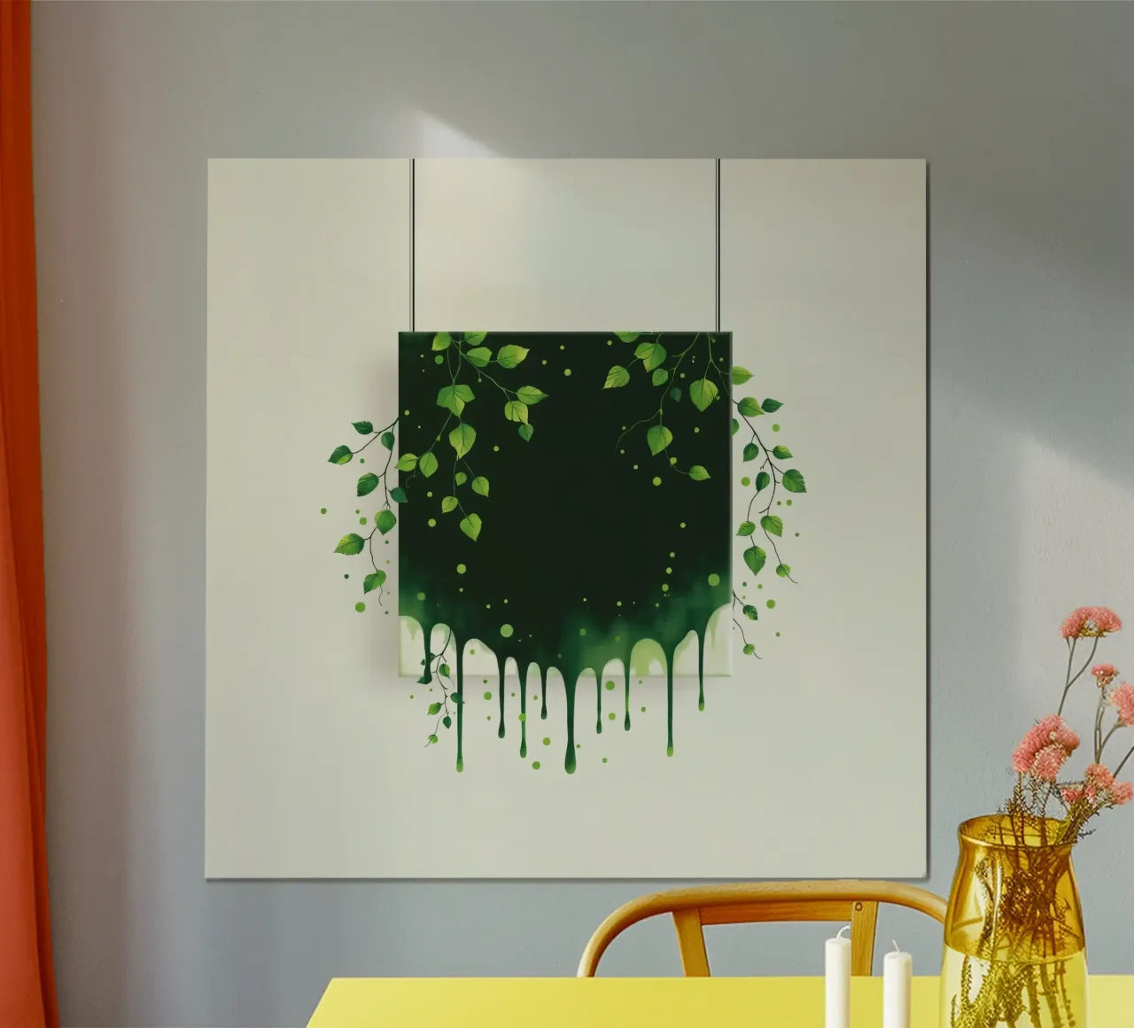 A green abstract art piece with dripping paint poster with plastic frame by DesignDoodle