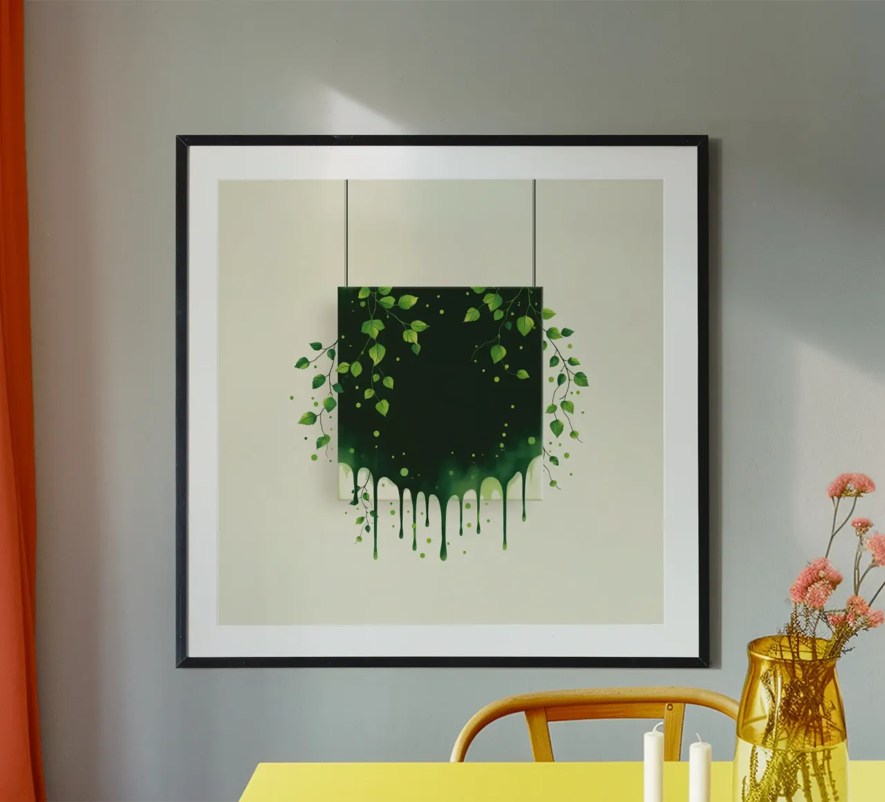 A green abstract art piece with dripping paint poster with plastic frame by DesignDoodle