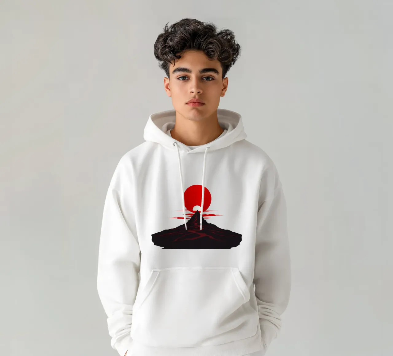 Tramonto su un drammatico paesaggio montano con un sole rosso e deciso felpa con cappuccio da DesignDoodle