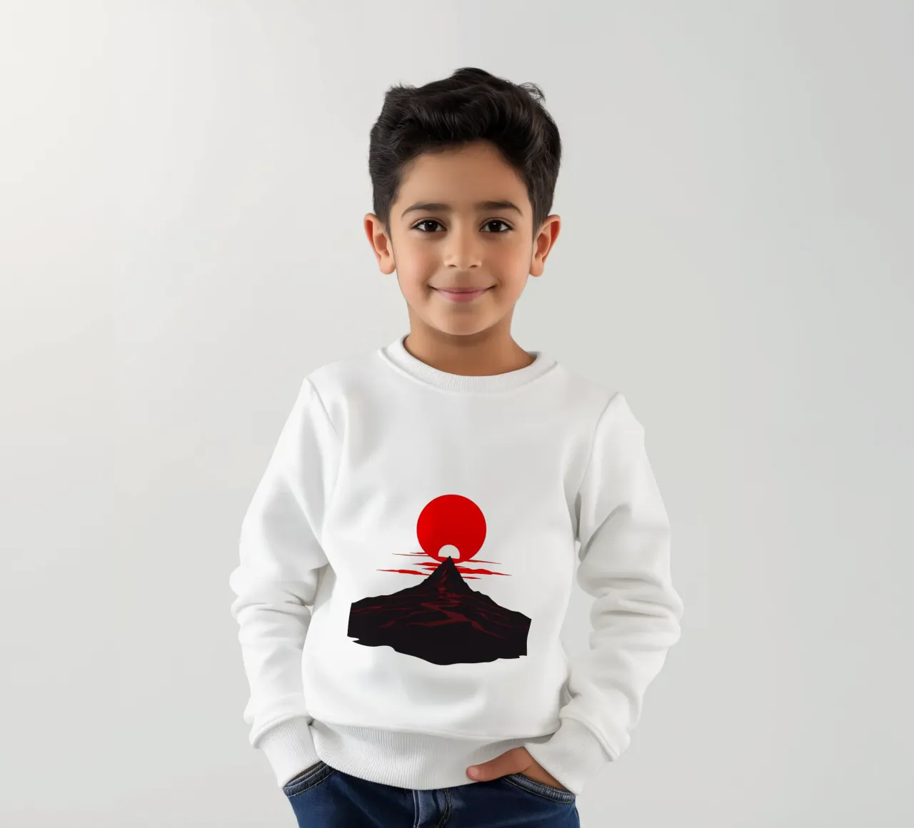 Sonnenuntergang über einer dramatischen Berglandschaft mit kräftiger roter Sonne Kinder Sweatshirt von DesignDoodle