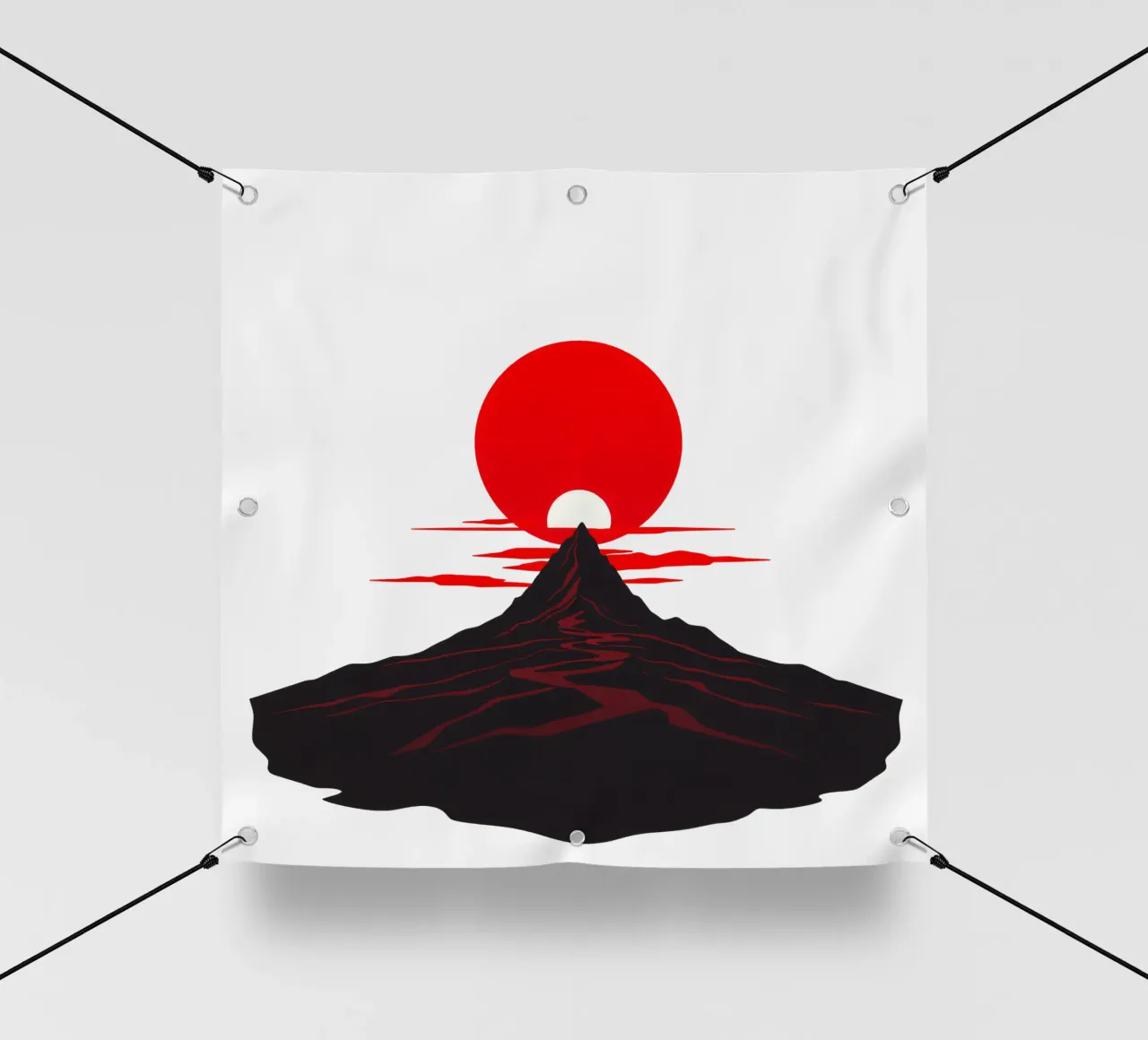 Tramonto su un drammatico paesaggio montano con un sole rosso e deciso telo in pvc da DesignDoodle