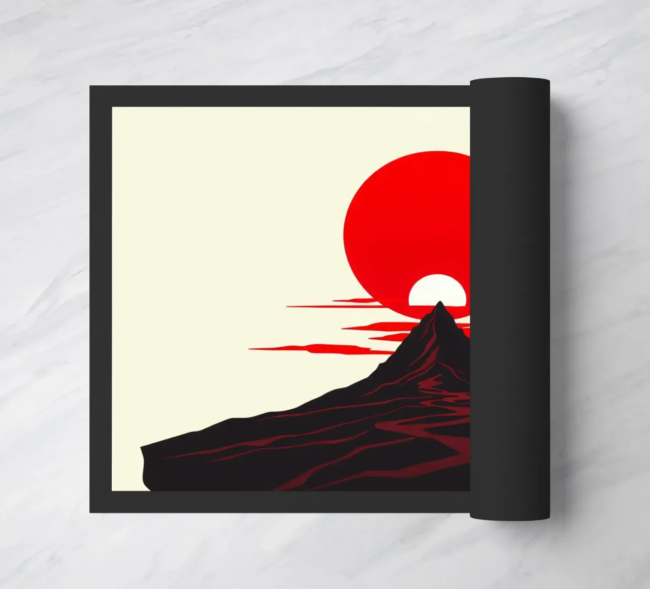 Tramonto su un drammatico paesaggio montano con un sole rosso e deciso zerbino da DesignDoodle