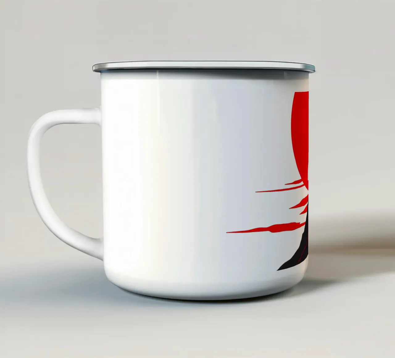 Tramonto su un drammatico paesaggio montano con un sole rosso e deciso tazza in smalto da DesignDoodle