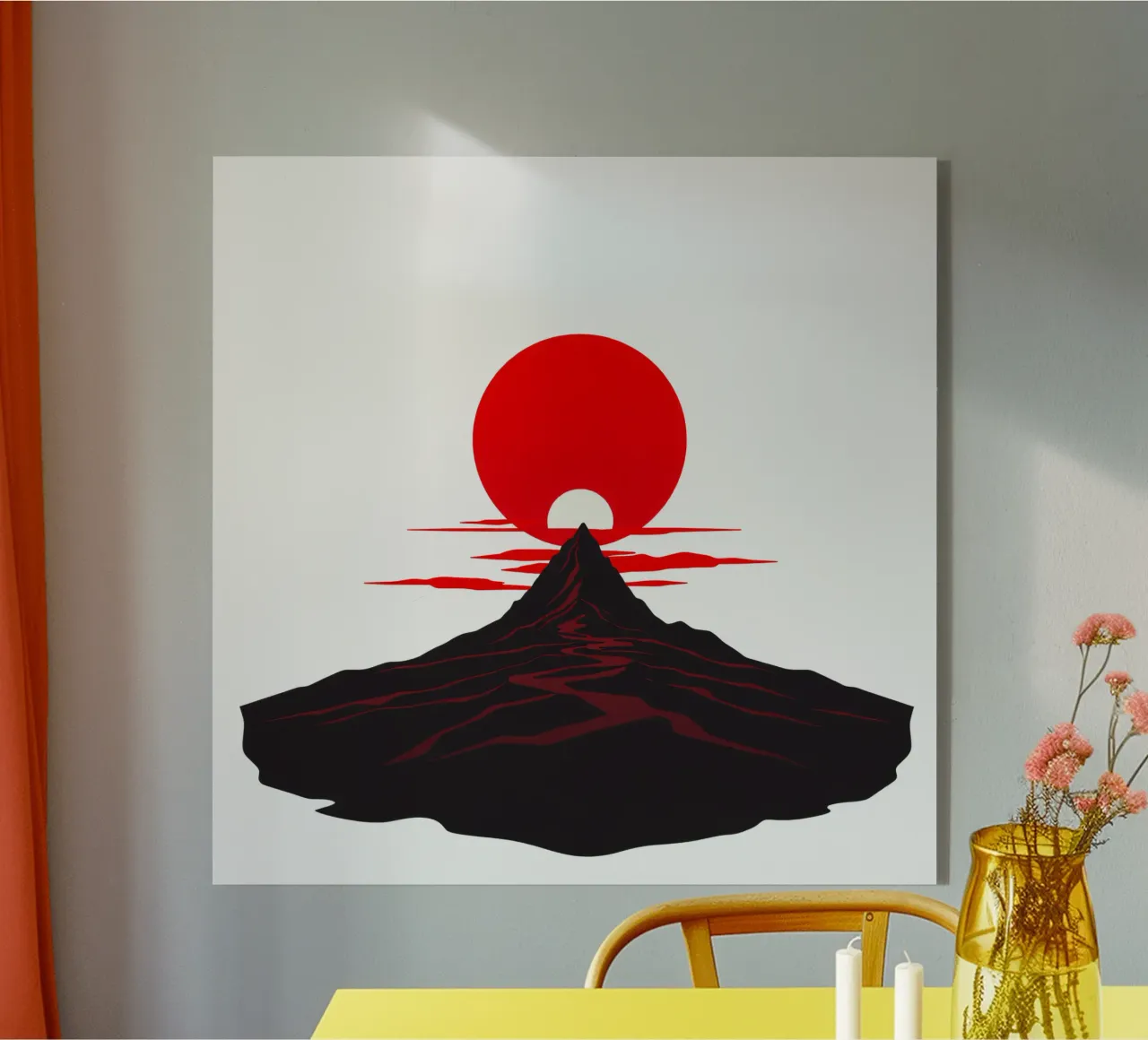 Tramonto su un drammatico paesaggio montano con un sole rosso e deciso plexiglass da DesignDoodle
