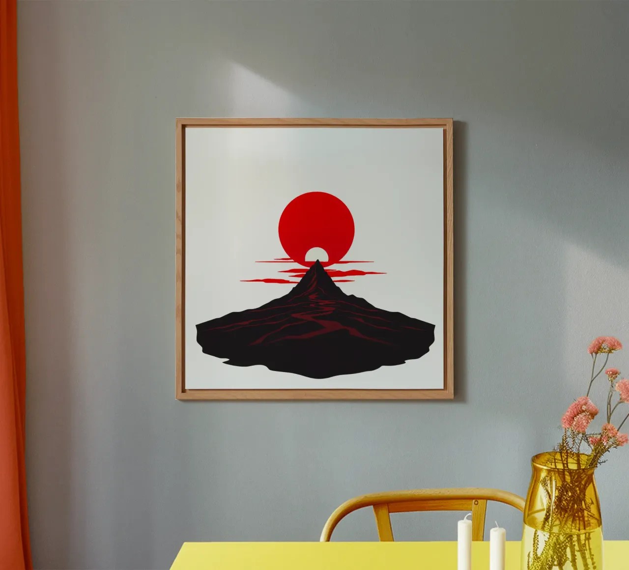 Tramonto su un drammatico paesaggio montano con un sole rosso e deciso alluminio dibond da DesignDoodle