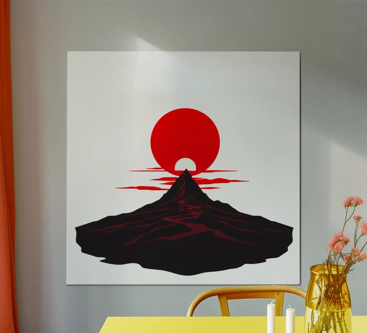 Tramonto su un drammatico paesaggio montano con un sole rosso e deciso carta hahnemühle da DesignDoodle