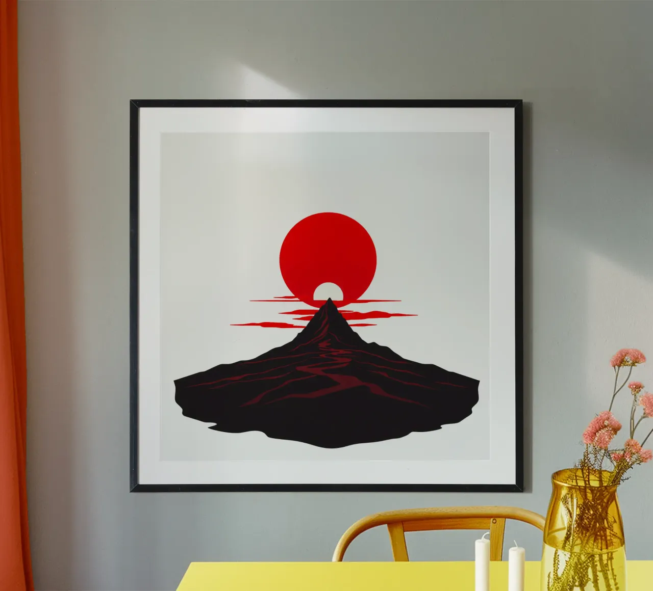 Tramonto su un drammatico paesaggio montano con un sole rosso e deciso carta hahnemühle da DesignDoodle