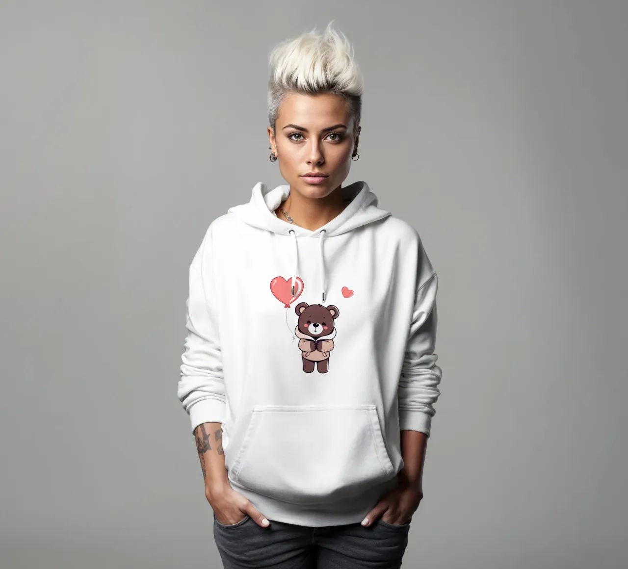 Mignon ours de dessin animé tenant un ballon sur fond rose sweat à capuche de DesignDoodle