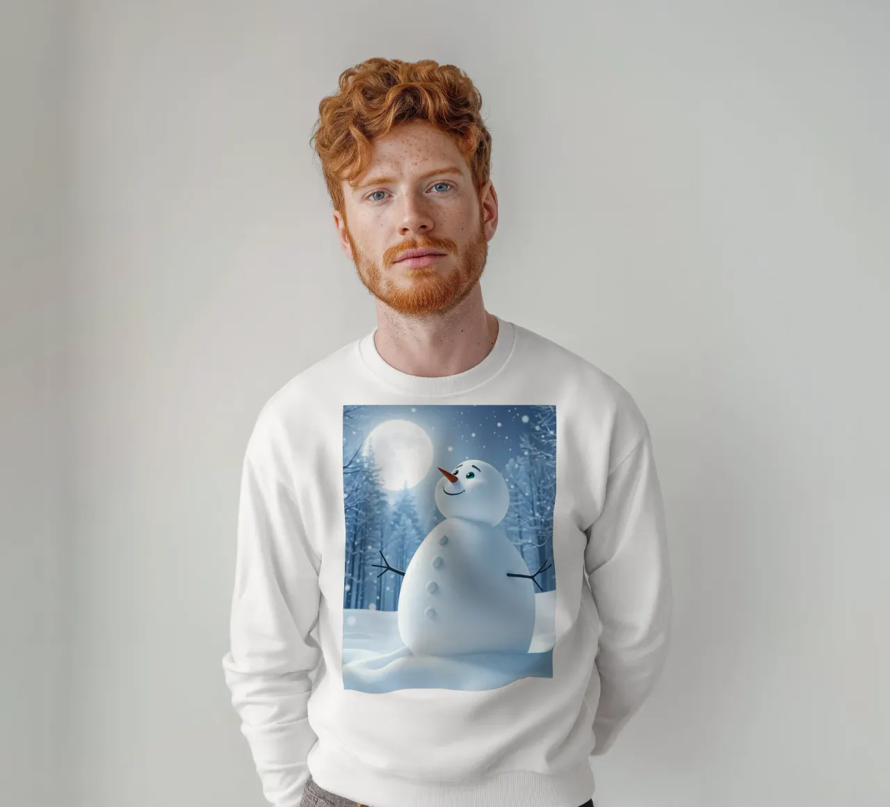 Un allegro pupazzo di neve si trova in un paesaggio innevato, notte luminosa felpa da DesignDoodle