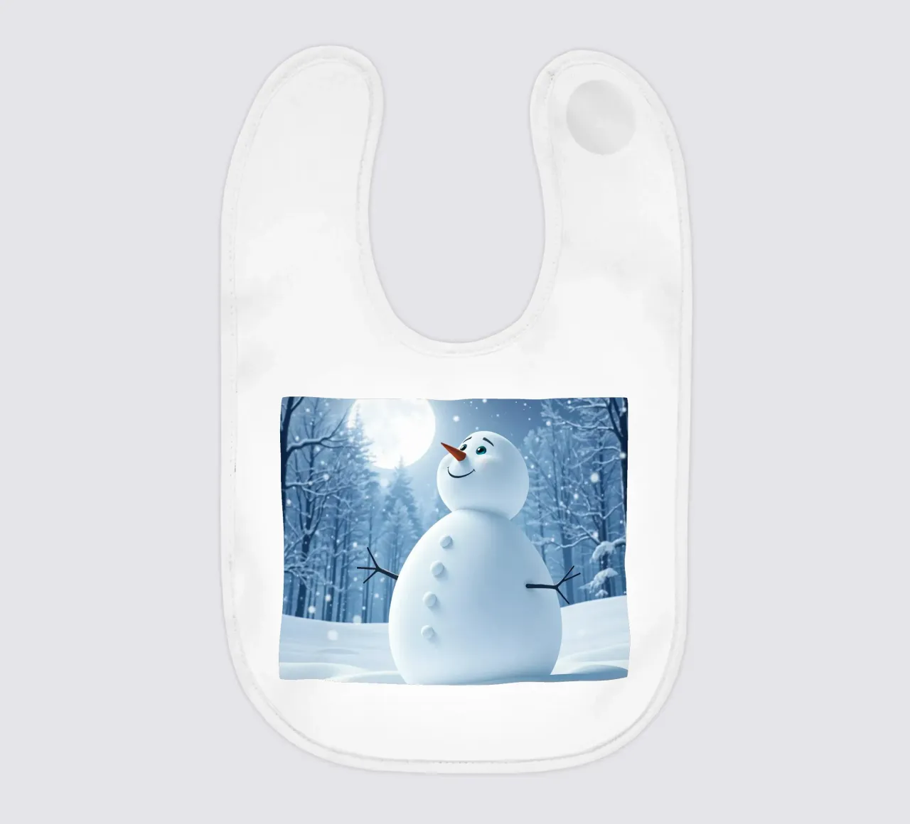 Un allegro pupazzo di neve si trova in un paesaggio innevato, notte luminosa bavaglino da DesignDoodle