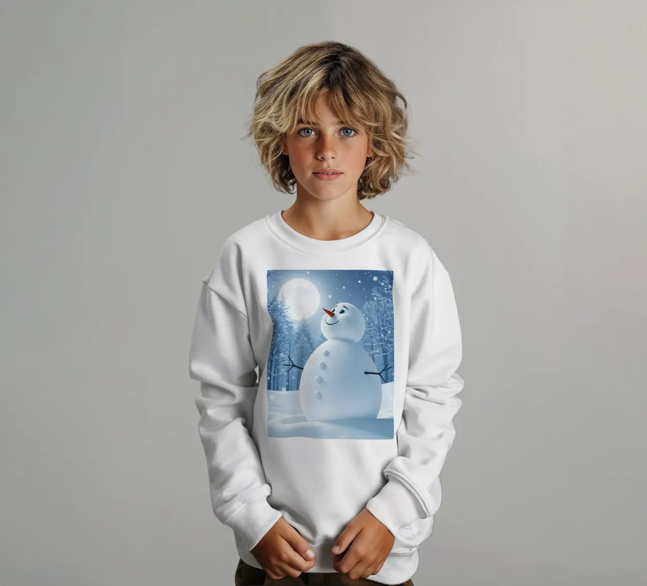 Un allegro pupazzo di neve si trova in un paesaggio innevato, notte luminosa felpa bambino da DesignDoodle