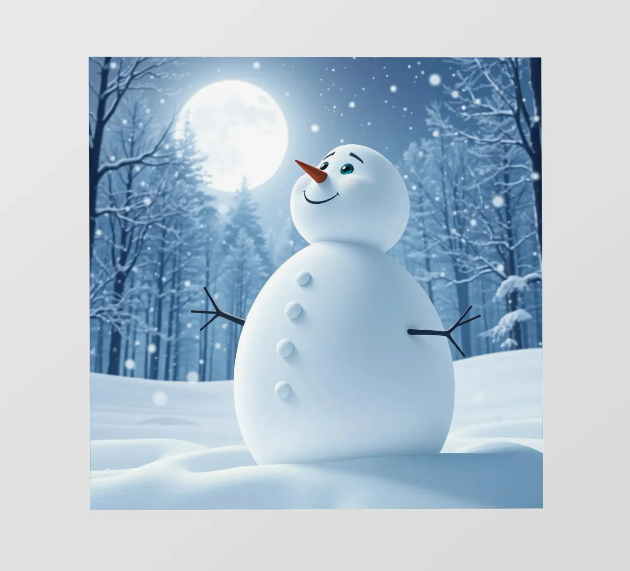 Un allegro pupazzo di neve si trova in un paesaggio innevato, notte luminosa telo in pvc da DesignDoodle