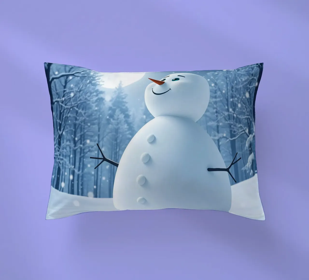 Un allegro pupazzo di neve si trova in un paesaggio innevato, notte luminosa cuscino da DesignDoodle