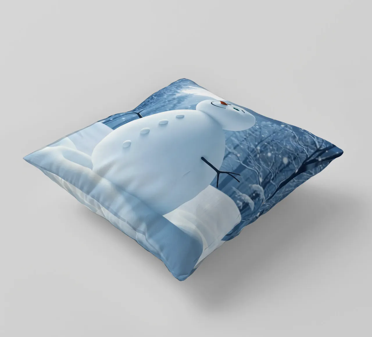 Un allegro pupazzo di neve si trova in un paesaggio innevato, notte luminosa cuscino da DesignDoodle