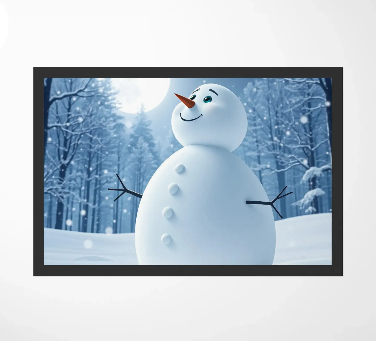 Un allegro pupazzo di neve si trova in un paesaggio innevato, notte luminosa zerbino da DesignDoodle