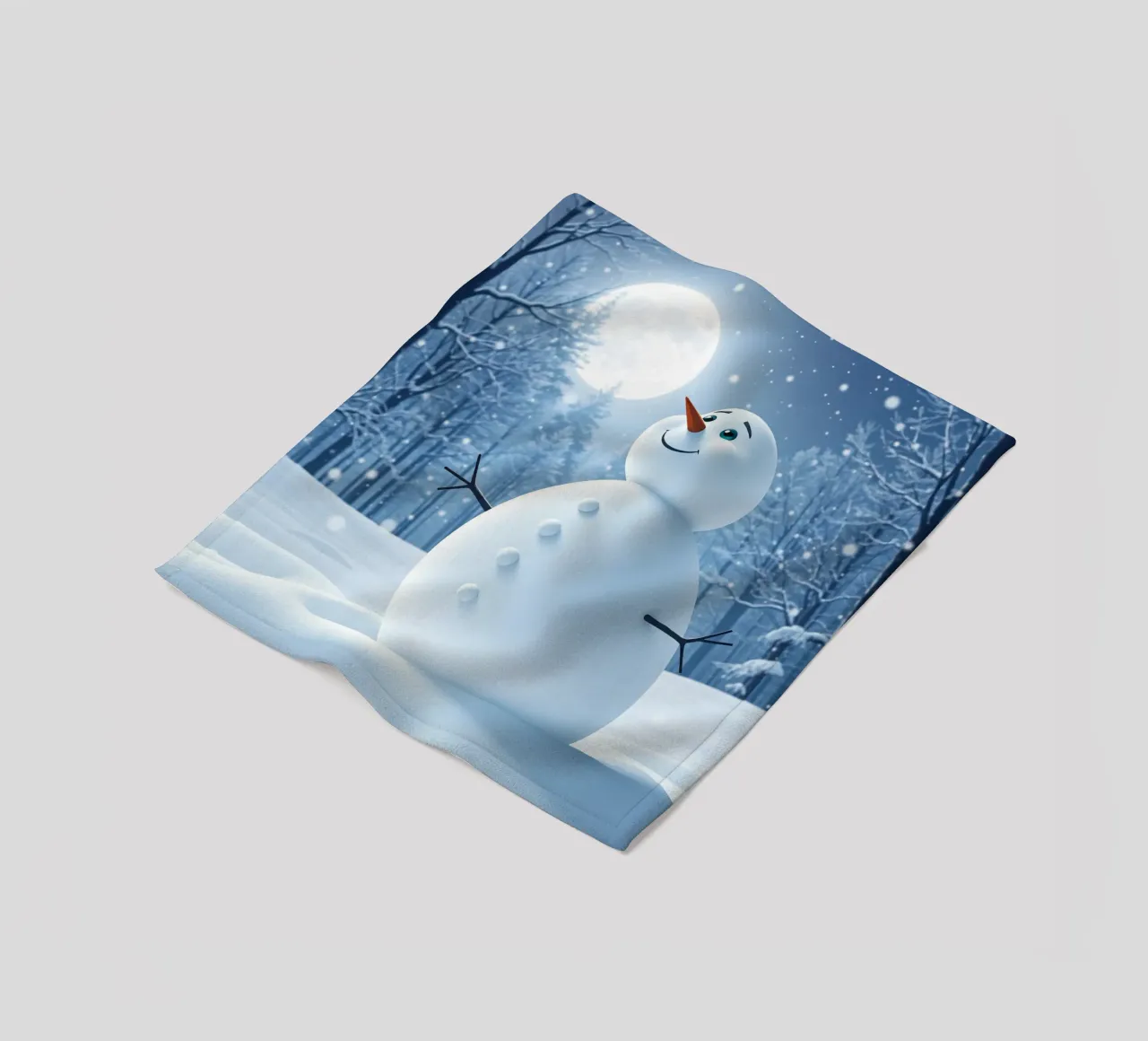 Un allegro pupazzo di neve si trova in un paesaggio innevato, notte luminosa coperta in pile da DesignDoodle