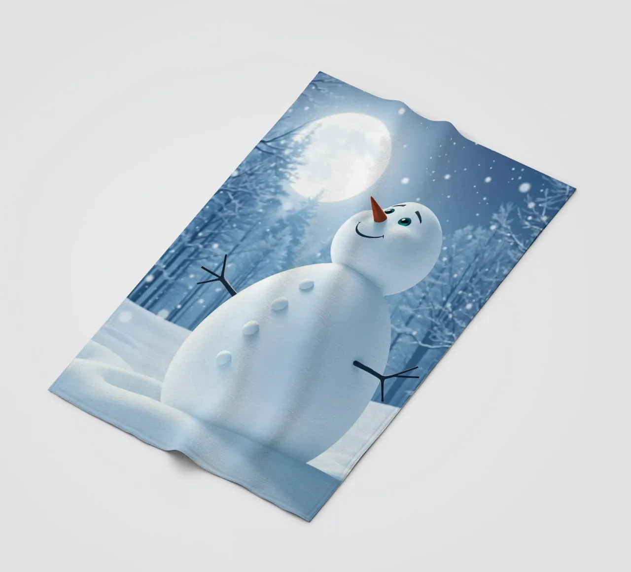 Un allegro pupazzo di neve si trova in un paesaggio innevato, notte luminosa coperta in pile da DesignDoodle