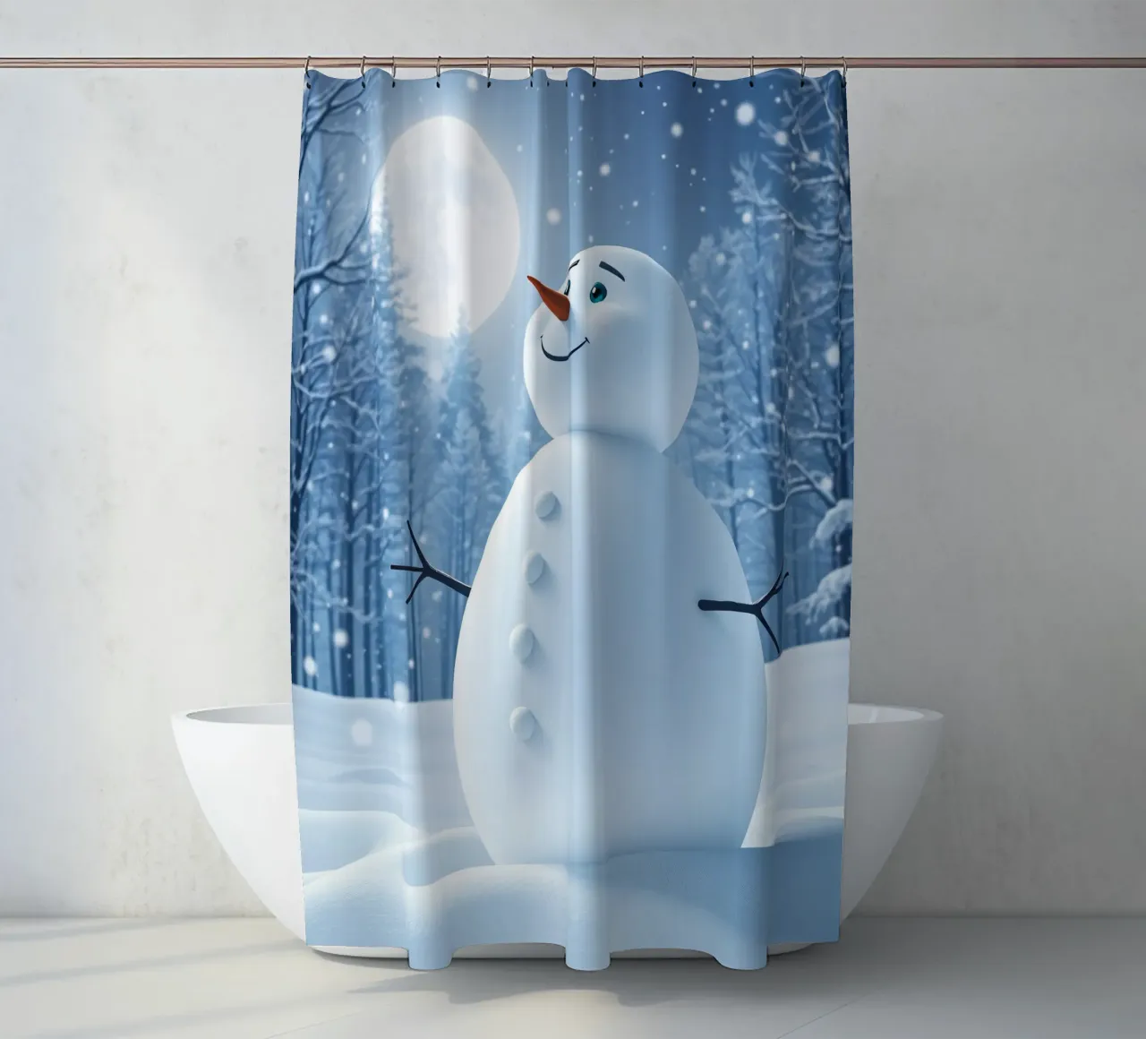 Un allegro pupazzo di neve si trova in un paesaggio innevato, notte luminosa tenda da doccia da DesignDoodle