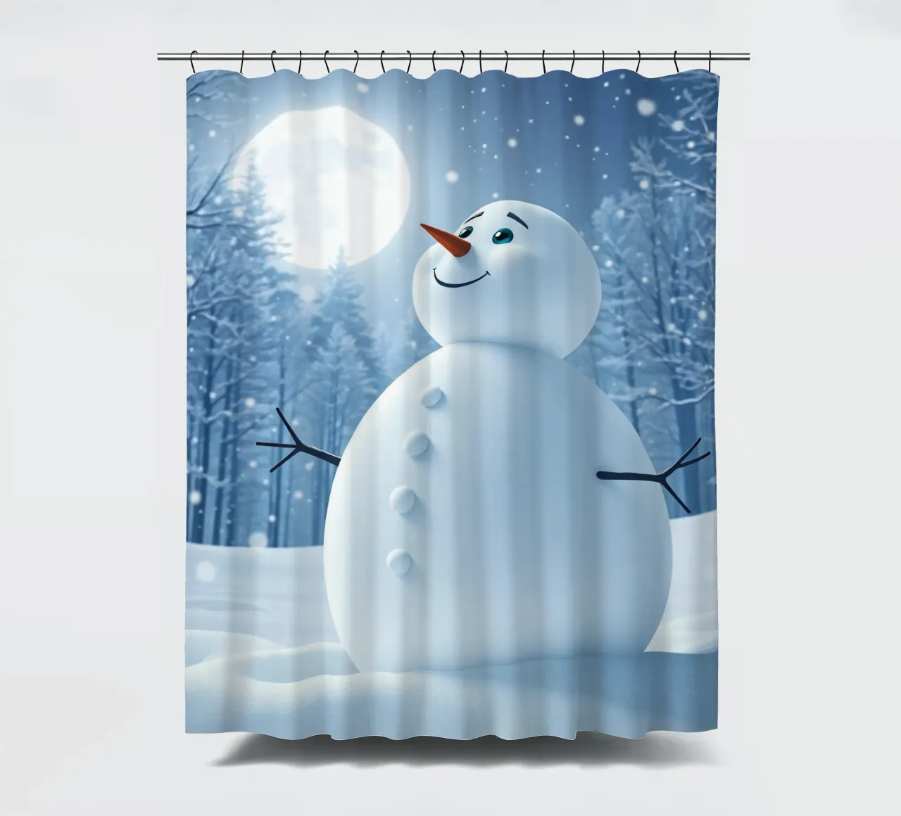 Un allegro pupazzo di neve si trova in un paesaggio innevato, notte luminosa tenda da doccia da DesignDoodle