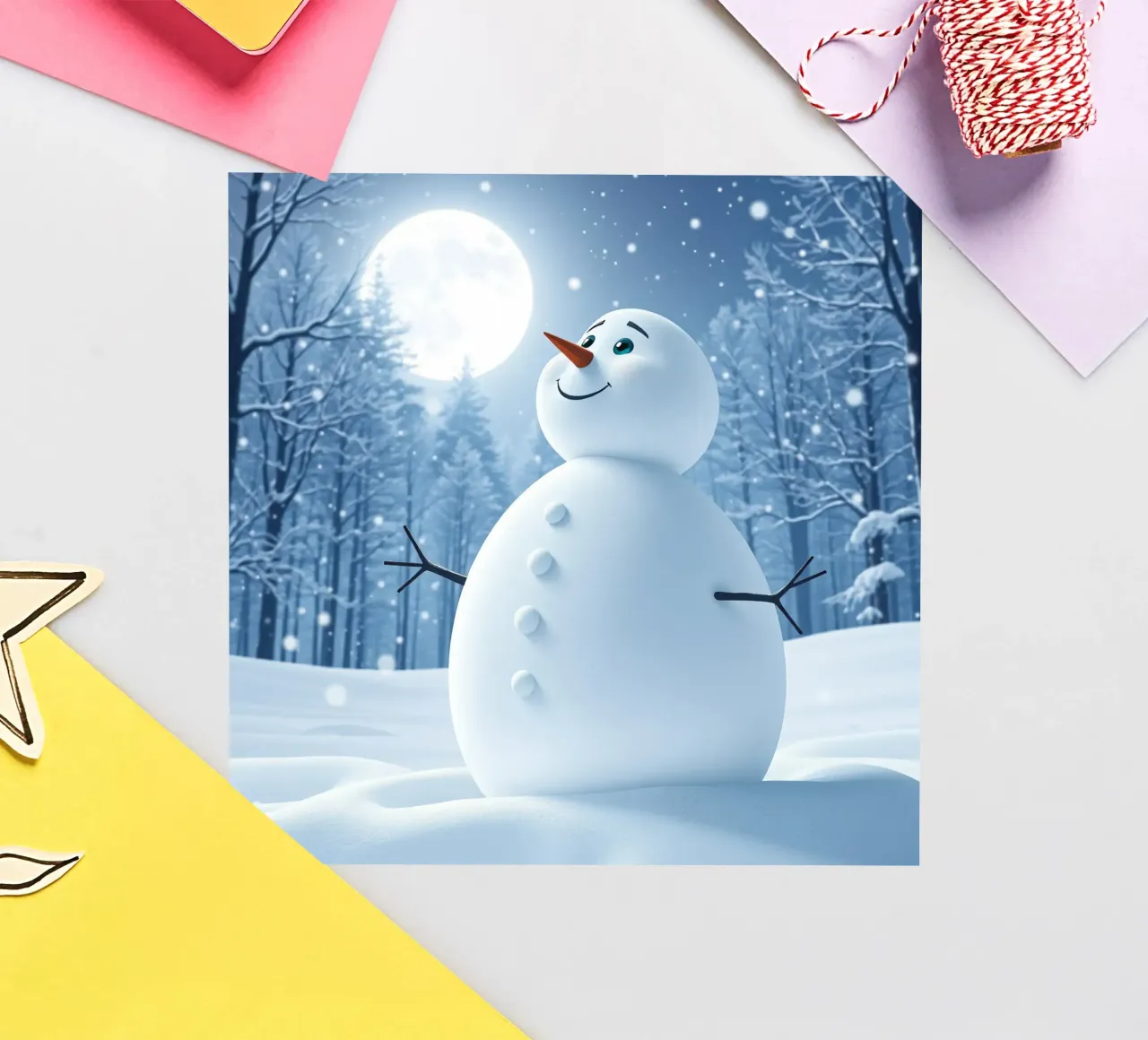 Un allegro pupazzo di neve si trova in un paesaggio innevato, notte luminosa adesivo da DesignDoodle