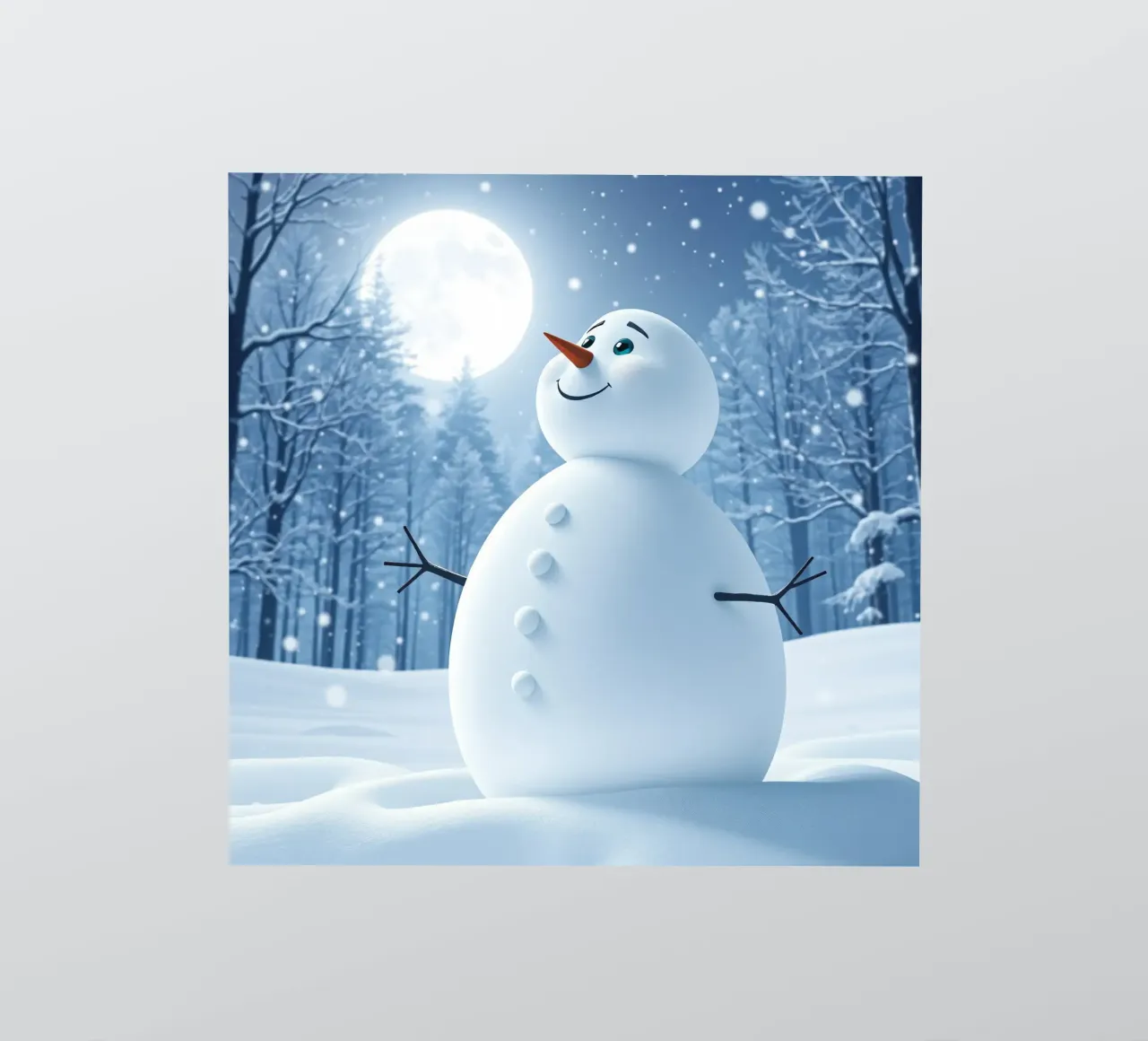 Un allegro pupazzo di neve si trova in un paesaggio innevato, notte luminosa adesivo da DesignDoodle