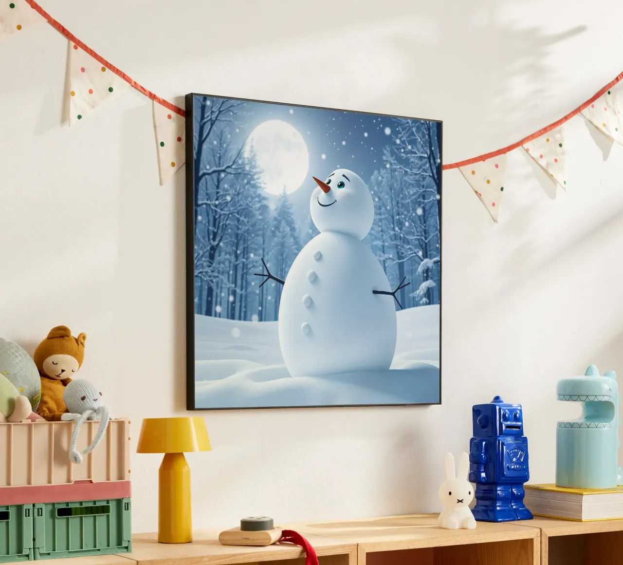 Un allegro pupazzo di neve si trova in un paesaggio innevato, notte luminosa alluminio dibond da DesignDoodle