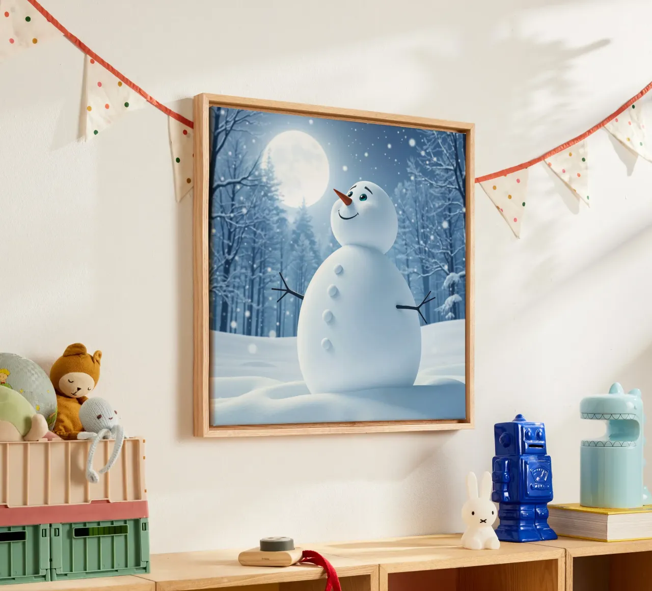 Un allegro pupazzo di neve si trova in un paesaggio innevato, notte luminosa tela da DesignDoodle