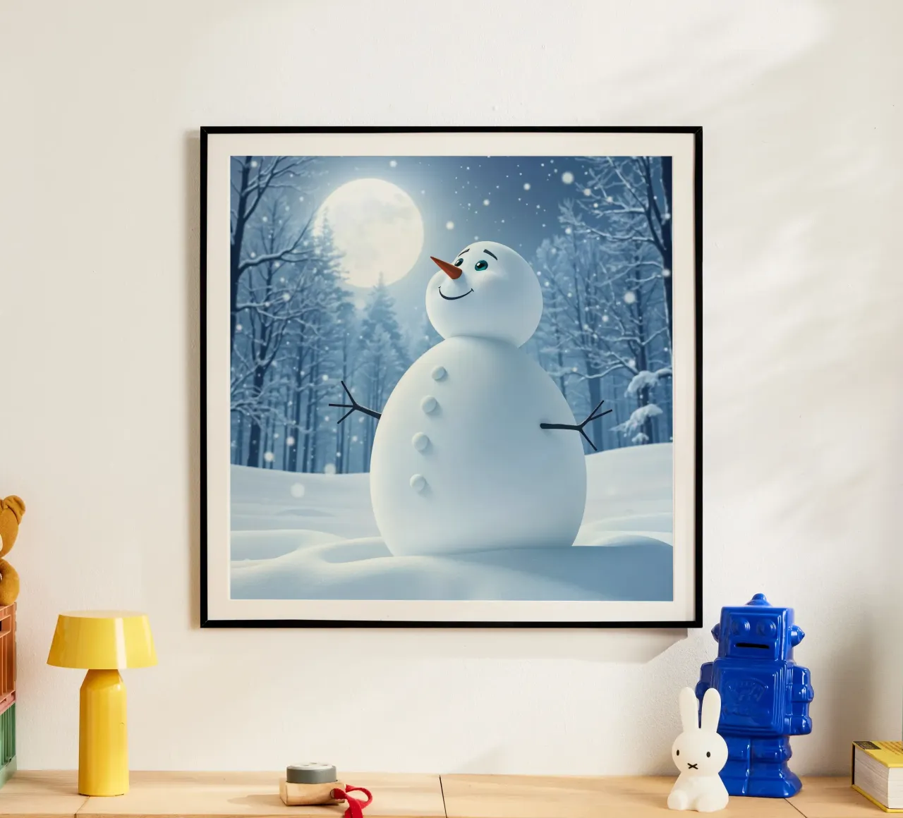 Un allegro pupazzo di neve si trova in un paesaggio innevato, notte luminosa poster con telaio in plastica da DesignDoodle