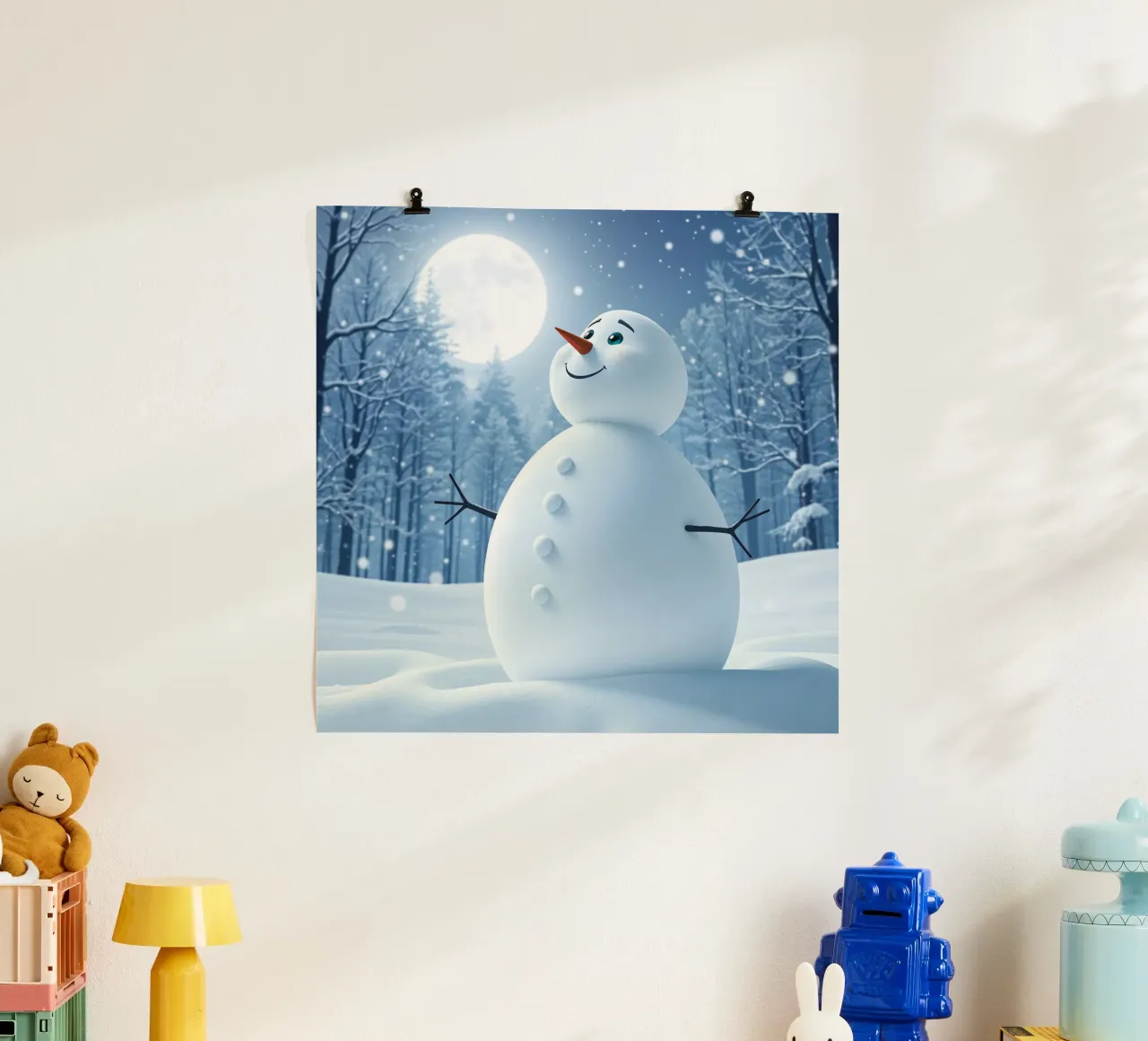 Un allegro pupazzo di neve si trova in un paesaggio innevato, notte luminosa poster con telaio in plastica da DesignDoodle