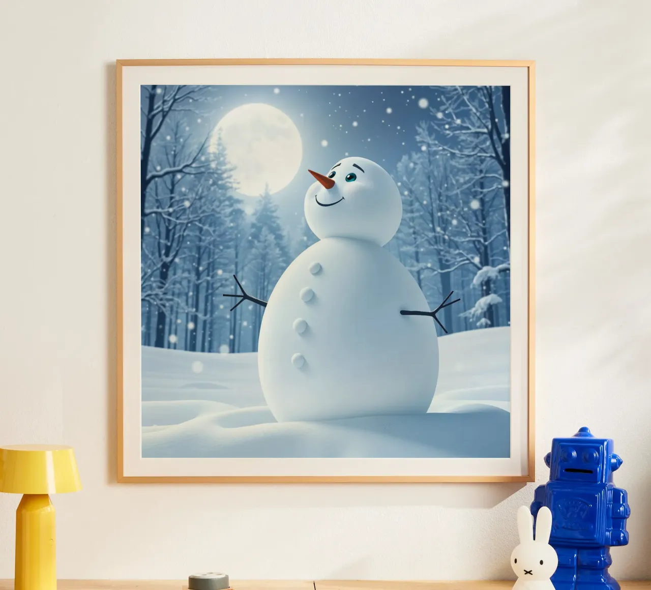 Un allegro pupazzo di neve si trova in un paesaggio innevato, notte luminosa poster con telaio in plastica da DesignDoodle