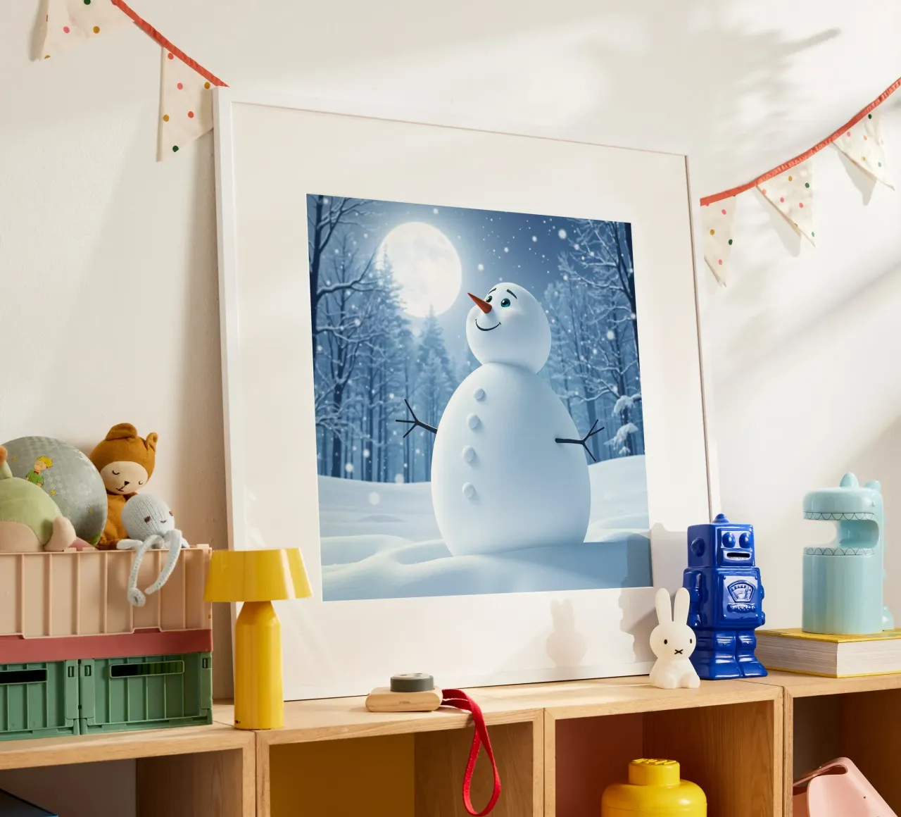 Un allegro pupazzo di neve si trova in un paesaggio innevato, notte luminosa poster con telaio in plastica da DesignDoodle