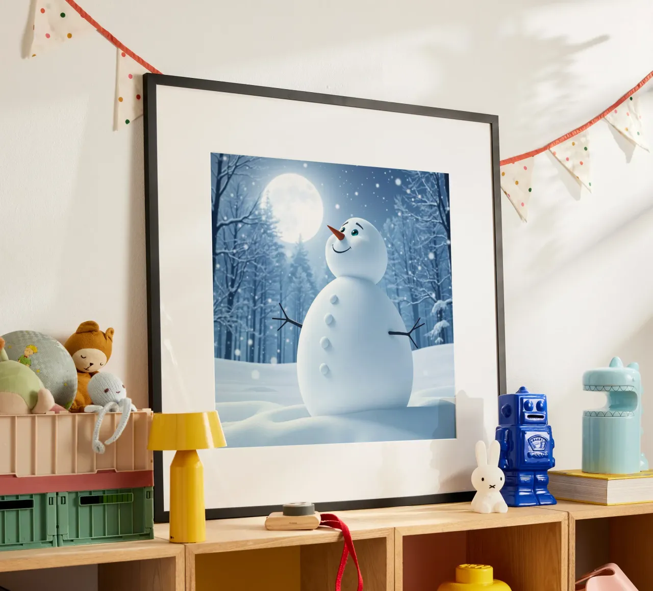 Un allegro pupazzo di neve si trova in un paesaggio innevato, notte luminosa poster con telaio in plastica da DesignDoodle